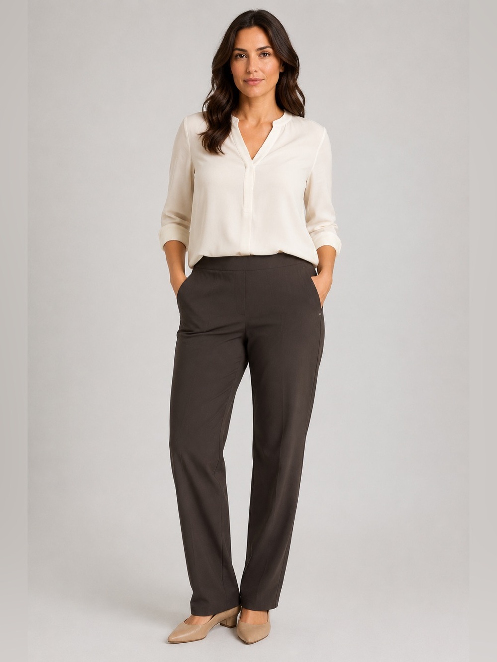 Lafayette 148 Pull On Straight Leg Pants Brown XL Stretch Waist Pockets